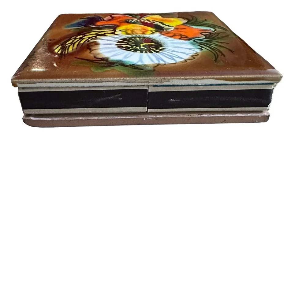 Vintage Ceramic Matchbox Tile Floral 4 Matchbooks Handmade 70's‎